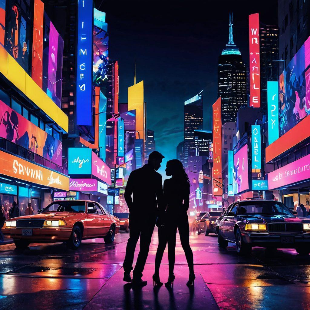 A dynamic collage showcasing various elements of adult lifestyle content, featuring an abstract representation of vibrant neon lights, silhouettes of diverse couples in intimate poses, and playful imagery of sensuality and art. Incorporate a blurred city skyline in the background with a glowing nightlife effect, inviting viewers to explore deeper. Use bright, bold colors to enhance the playful theme. hyper-realistic. vibrant colors. 3D.