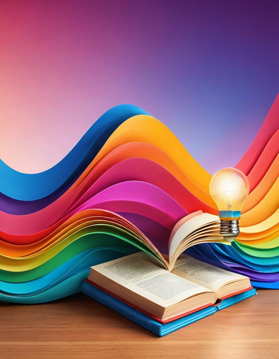 A vibrant spectrum wave symbolizing the journey from pleasure to education, blending soft erotic visuals with educational elements like books and lightbulbs, set against a serene background that transitions from warm to cool colors. The composition should evoke curiosity and sophistication, bridging adult themes with academic insight. super-realistic. vibrant colors. soft gradient background.