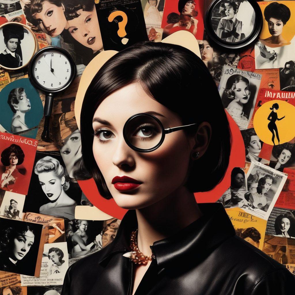 An edgy and intriguing collage of vintage adult magazines, modern explicit media screens, and stylized silhouettes of abstract human forms, all interspersed with question marks and a magnifying glass symbolizing exploration. The background should have an atmospheric blend of dark and vibrant colors, evoking a sense of discovery in a mature context. Super-realistic. Bold and vibrant colors. Dark background.